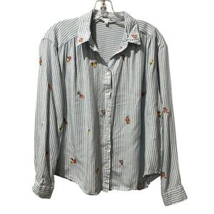 Jane & Delancey Long Sleeve Striped Casual Button Blouse L Embroidered Flowers